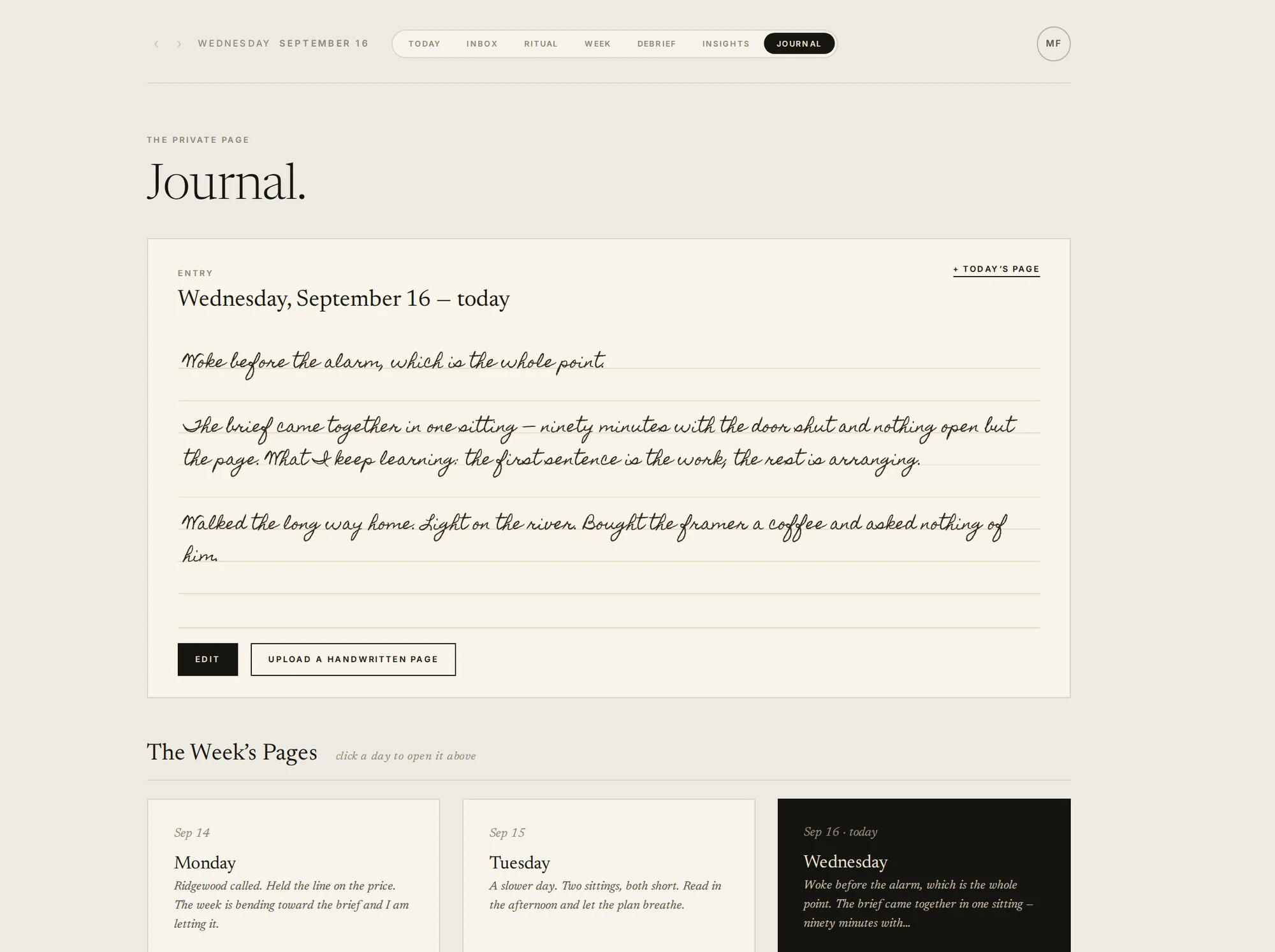 The Journal: a Wednesday's page in script, and the week's pages beneath