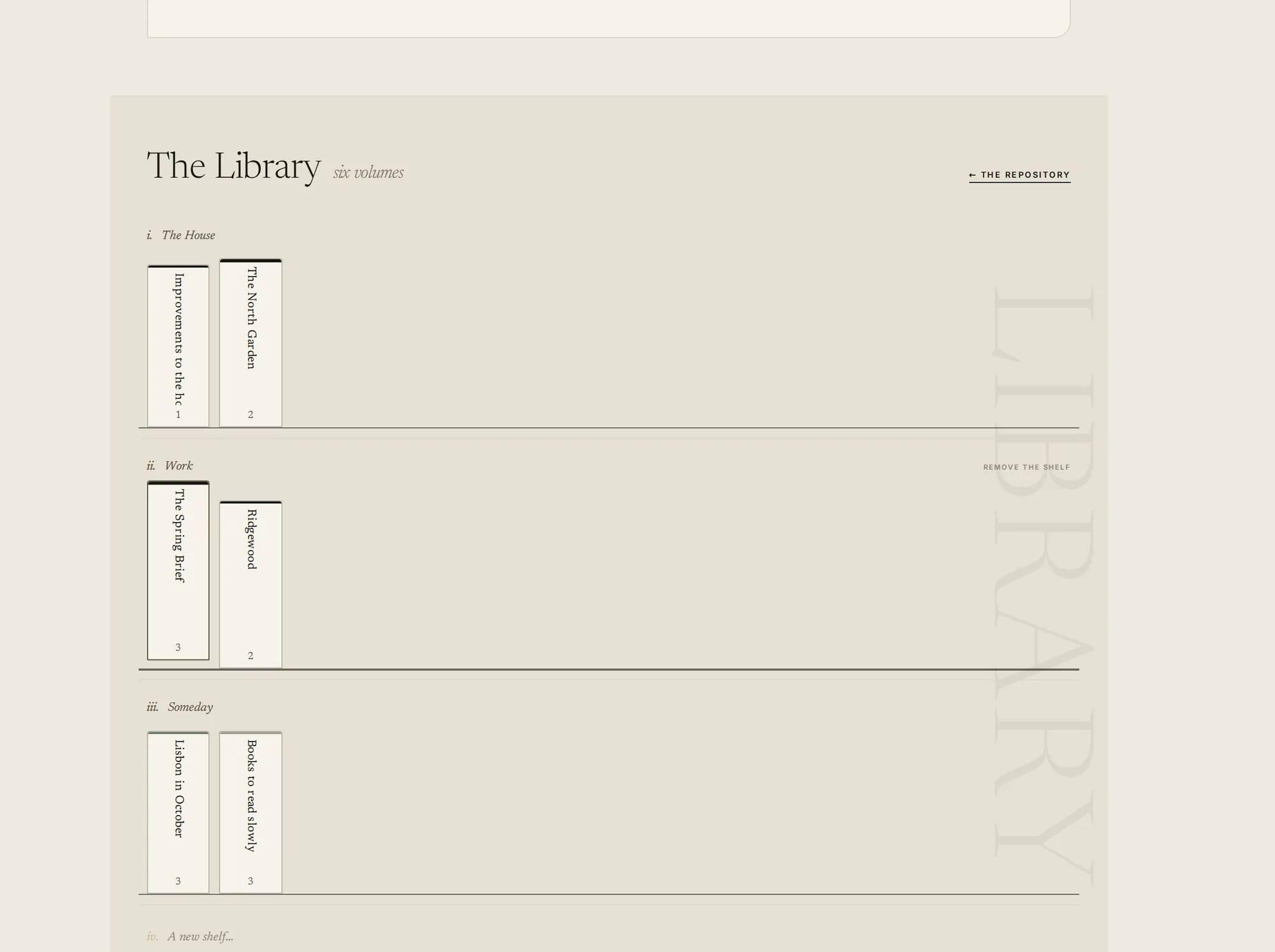 The Library: three shelves of volumes