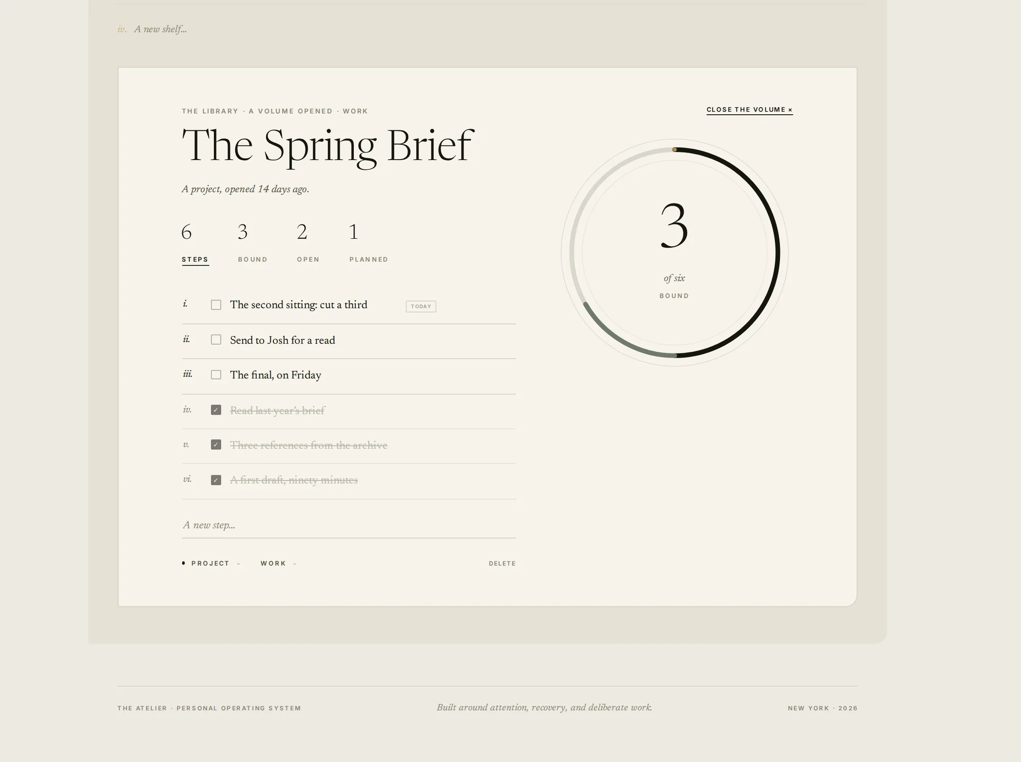 A volume opened: The Spring Brief, six steps, three bound